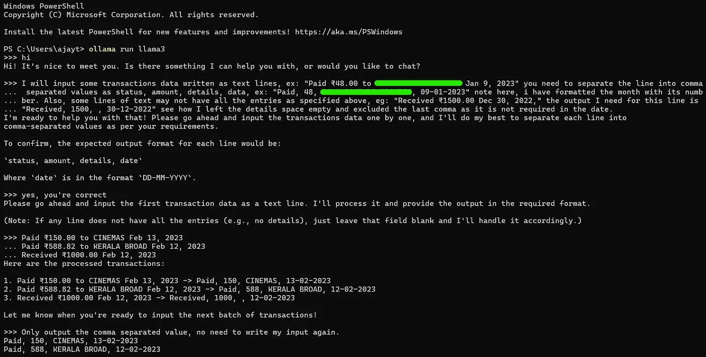 Prompting Llama3 to output transactions in a specific format